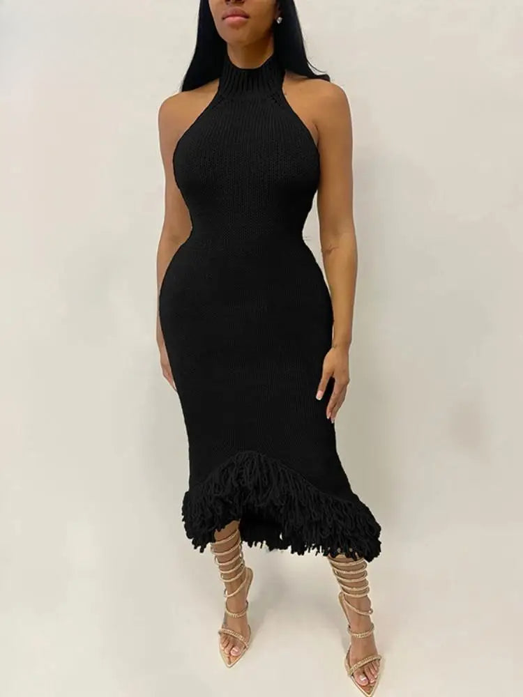 Knit Halter Neck Backless Tassel Fringe Hem Midi Dress - View 3
