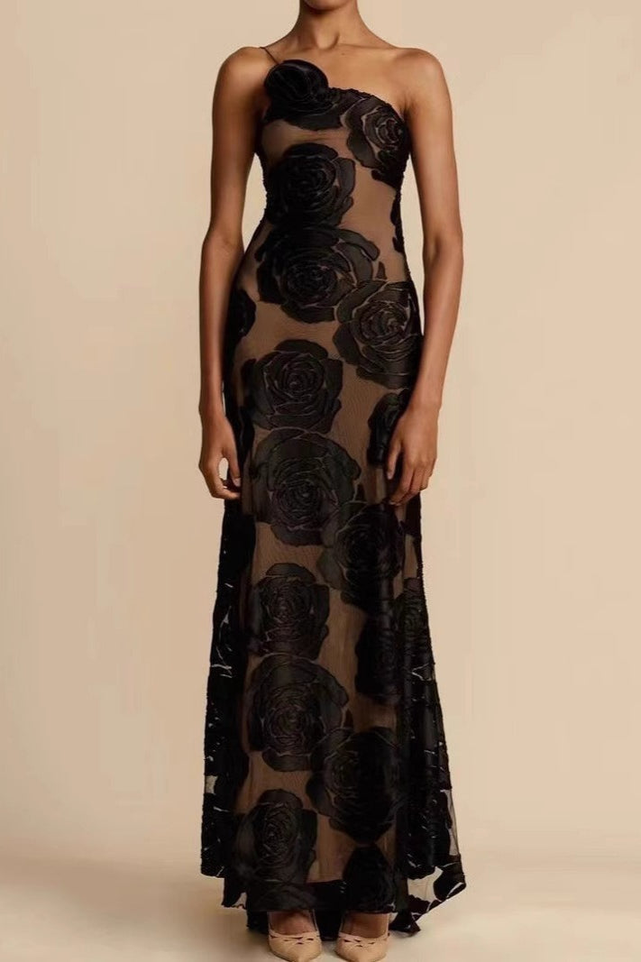Floral Rosette One Shoulder Mesh Mermaid Gown