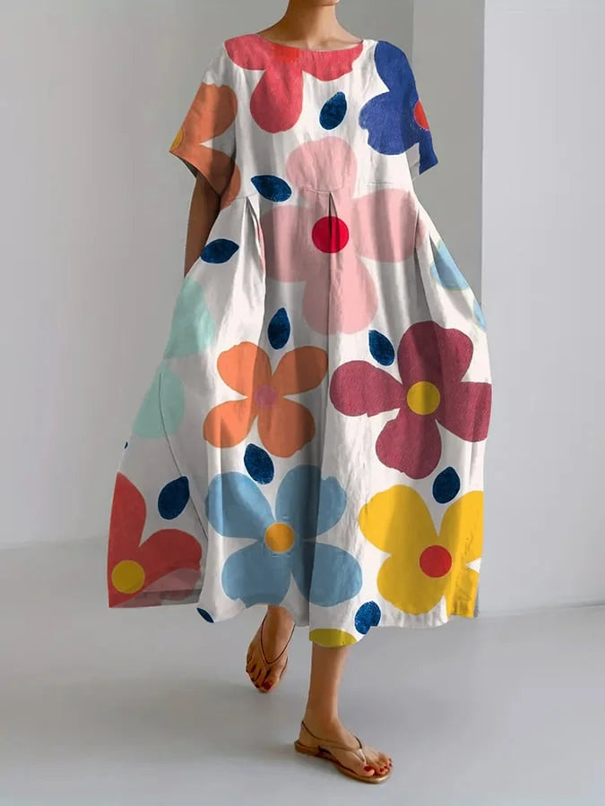 Floral Print Round Neck Short Sleeve Pocket Midi Dress 2