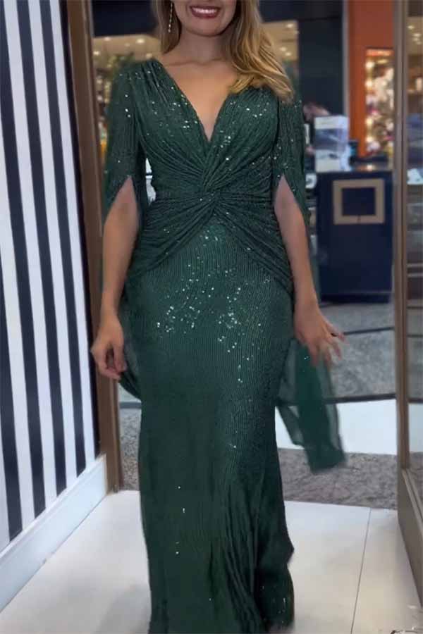 Sequin Deep V-Neck Cape Sleeve Twist Waist Maxi Dress - View 10