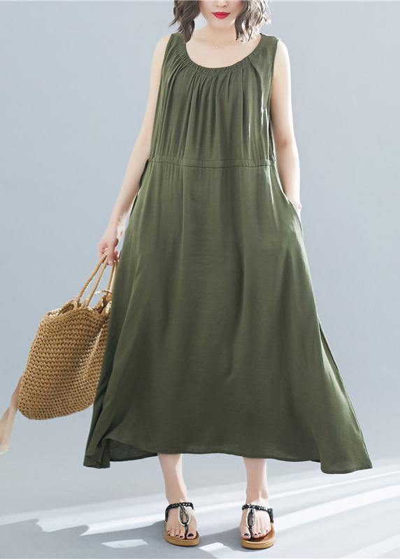 Round Neck Sleeveless Gathered Waist Pocket A-Line Summer Maxi Dress