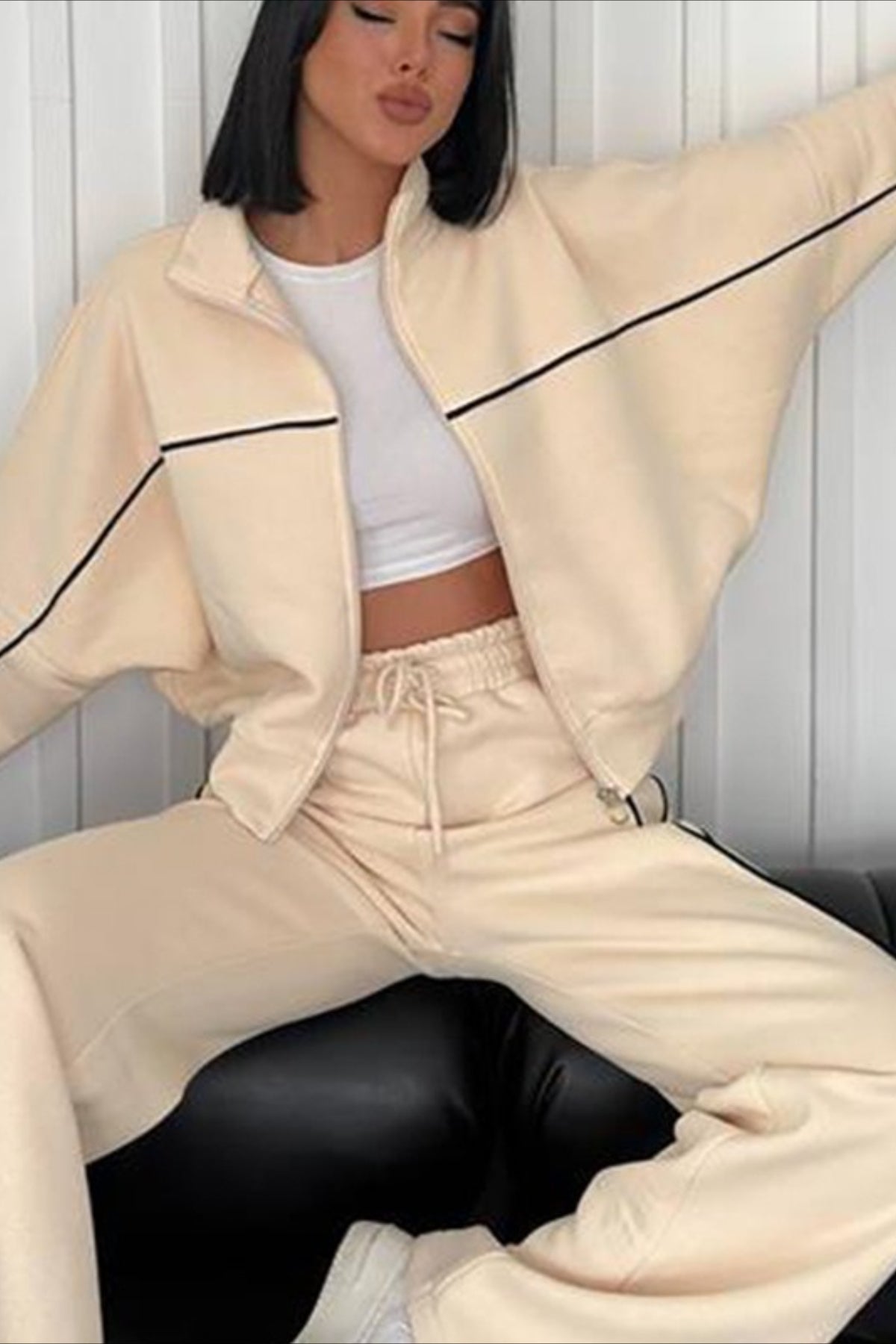 Mock Neck Zip Hoodie Stripe Pants Activewear Set