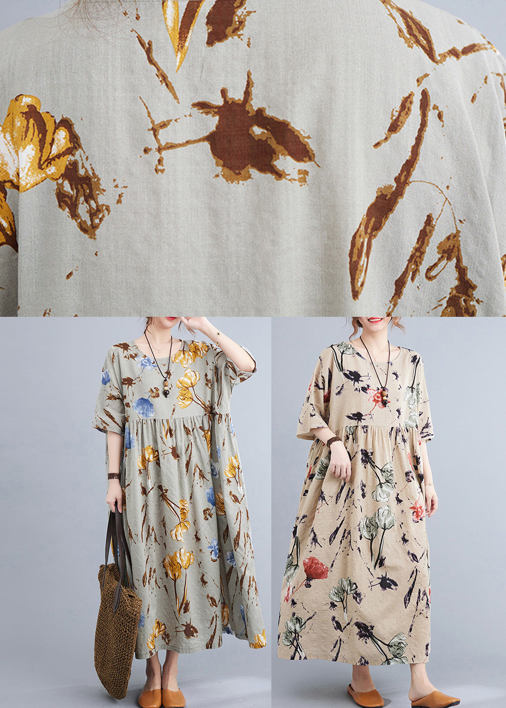 Floral Print Round Neck Elbow Sleeve Empire Waist Oversized Maxi Dress - View 5