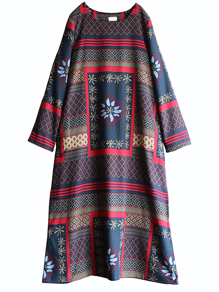 Folk Patchwork Print Long Sleeve Contrast Cuff Crew Neck Maxi Dress - View 11