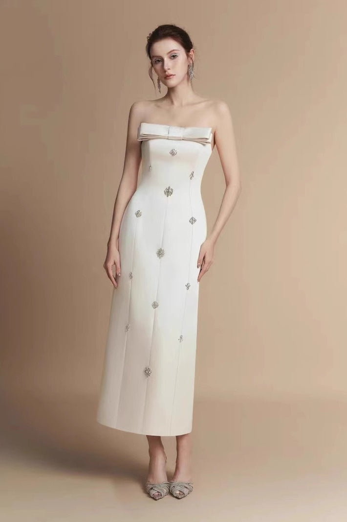 Strapless Bow Bodice Rhinestone Beaded Princess Seam Midi Dress - View 2