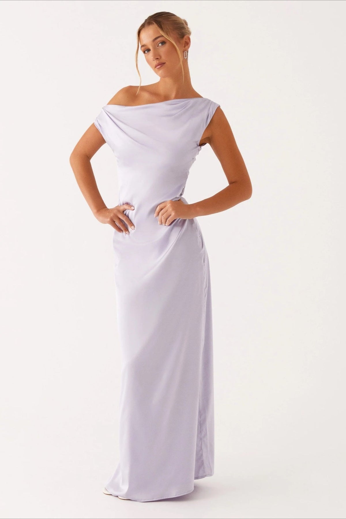 Satin Asymmetric One Shoulder Ruched Maxi Gown - View 14
