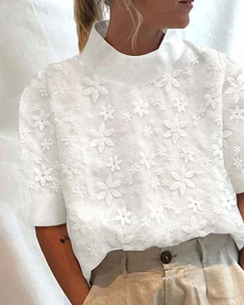 Mock Neck Short Sleeve Floral Eyelet Blouse 3