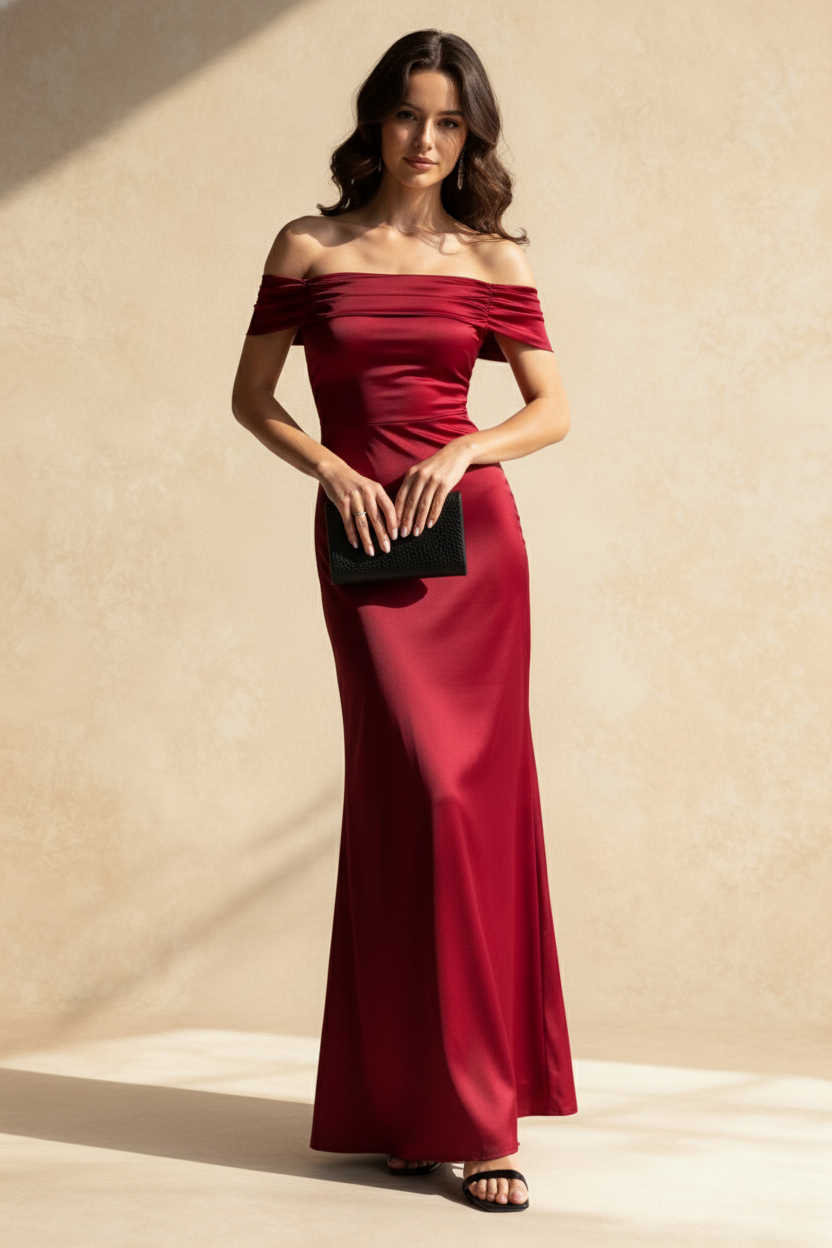 Satin Off Shoulder Pleated Ruched A-Line Maxi Dress