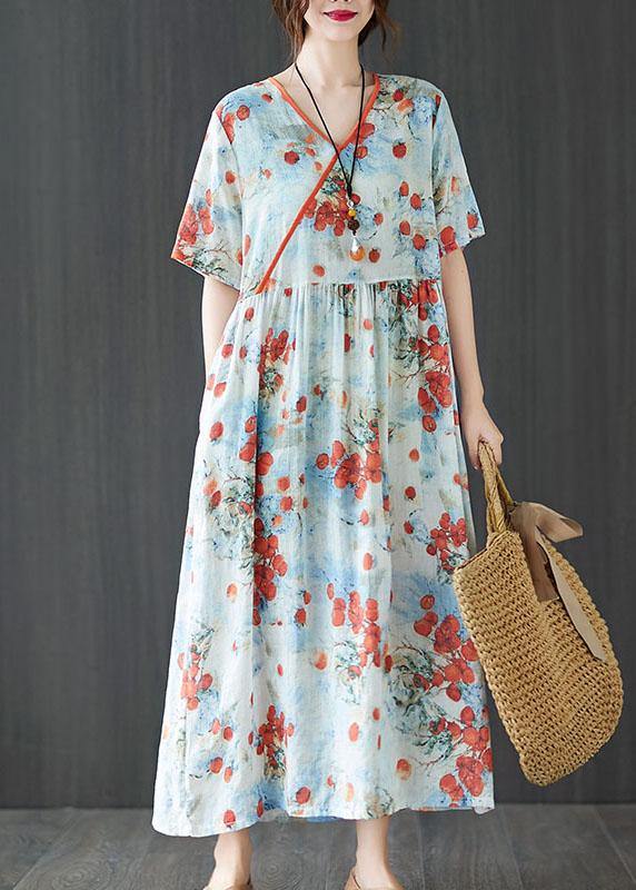 Berry Print Asymmetric V-Neck Empire Waist Short Sleeve Maxi Dress