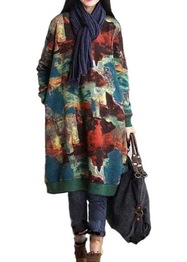 Abstract Print Round Neck Long Sleeve Ribbed Cuff Pocket Dress - View 5