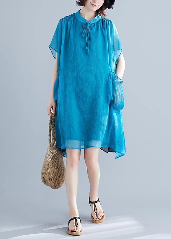 Stand Collar Tie Neck Cap Sleeve Ruffle Pocket Chiffon Mini Dress - View 2