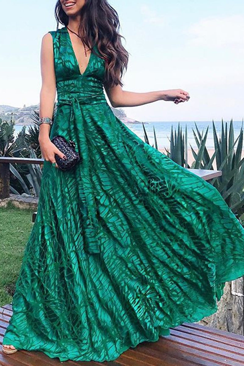 Abstract Print Deep V-Neck Tie Waist Flowy Full Maxi Gown