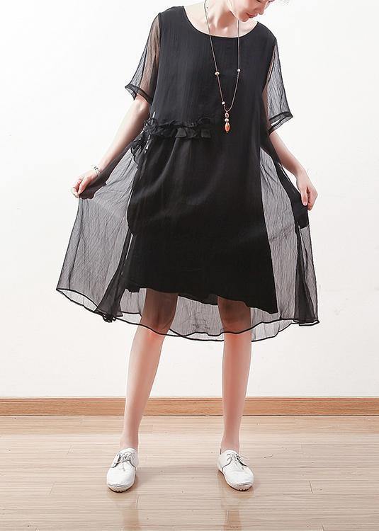 Sheer Overlay Crew Neck Short Sleeve Tie Waist Shift Midi Dress - View 2