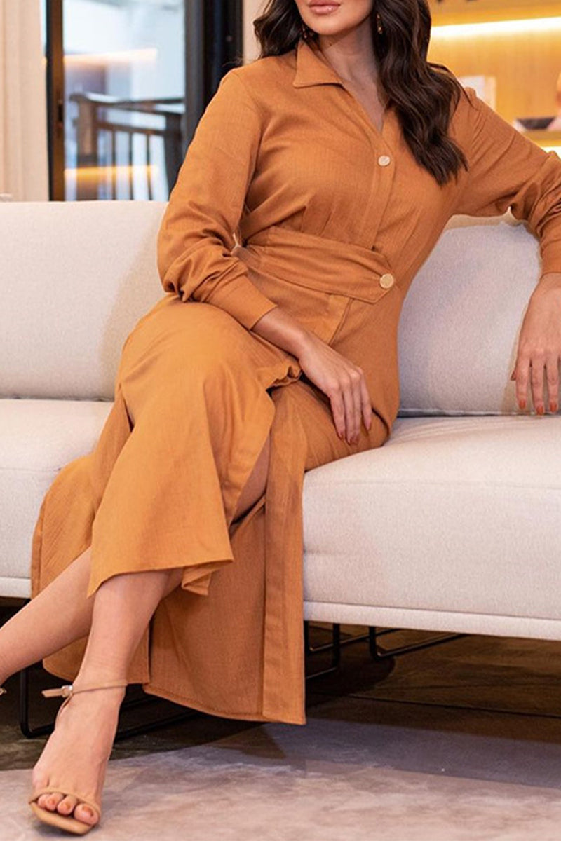 Collared Button Front Waistband High Split Long Sleeve Maxi Dress - View 3
