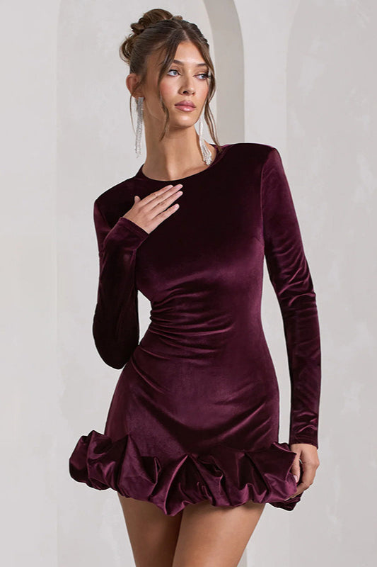 Velvet Crew Neck Ruched Midi Dress - View 3