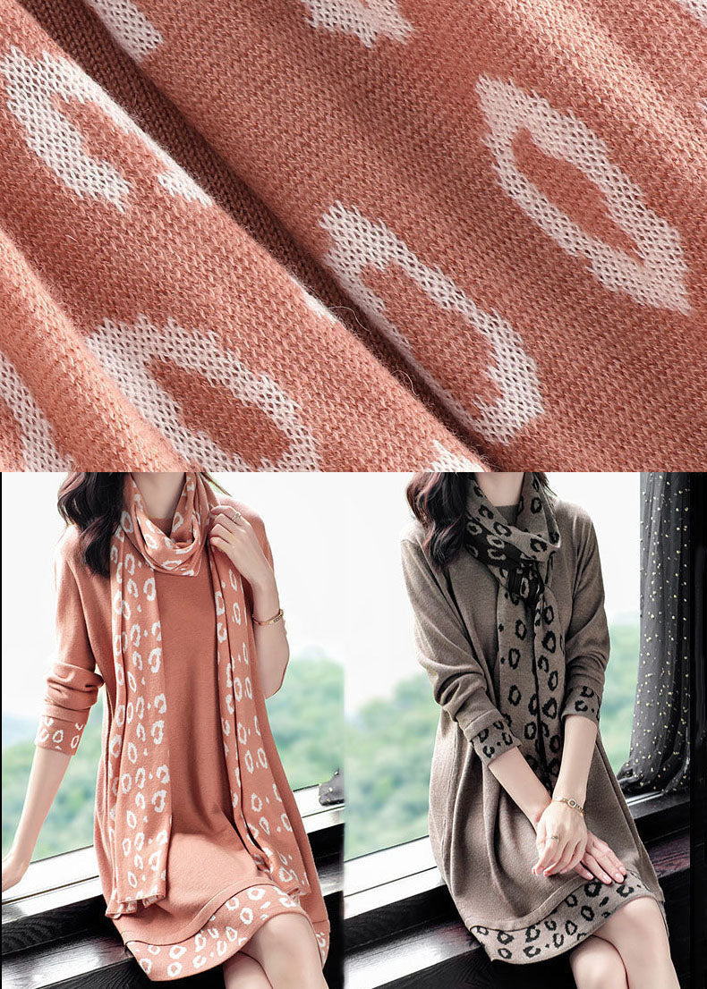 Animal Print Cuff Hem Long Sleeve Knit Dress Scarf Set - View 5
