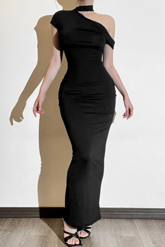 Velvet One Shoulder Choker Neck Bodycon Midi Party Dress - View 6