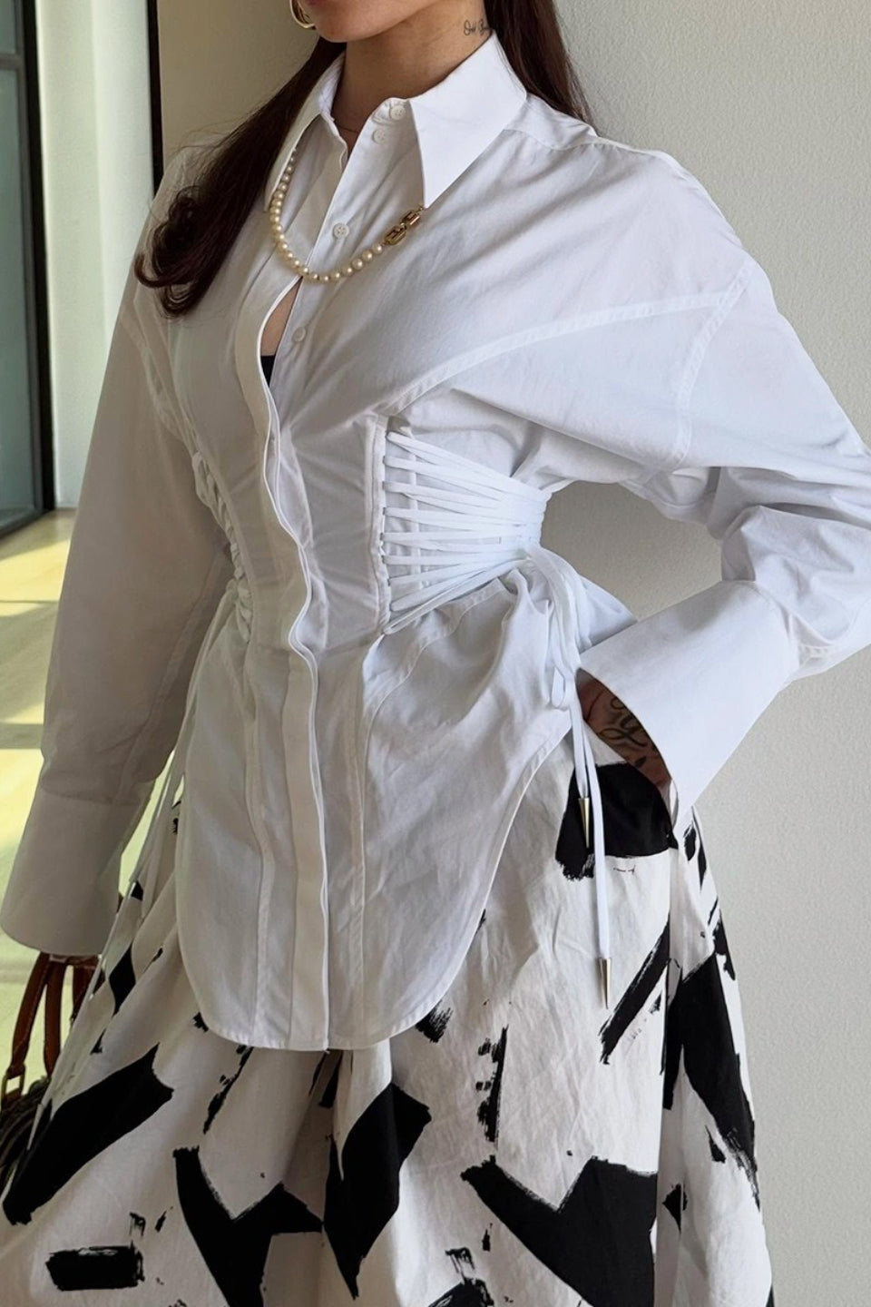 Double Ruched Tie Waist Slim Relaxed Fit Long Sleeve