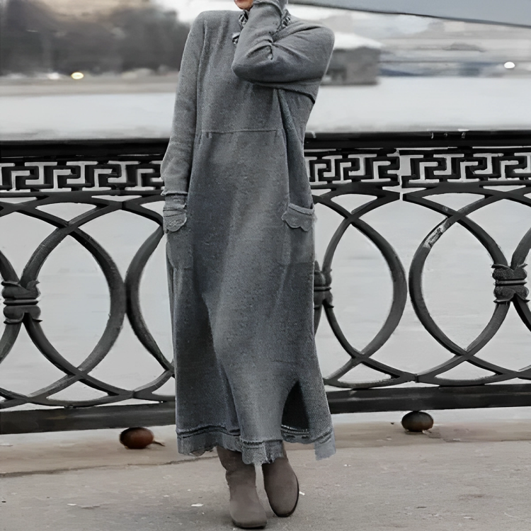 Knit Mock Neck Long Sleeve Scalloped Pocket Distressed Hem Maxi Dress
