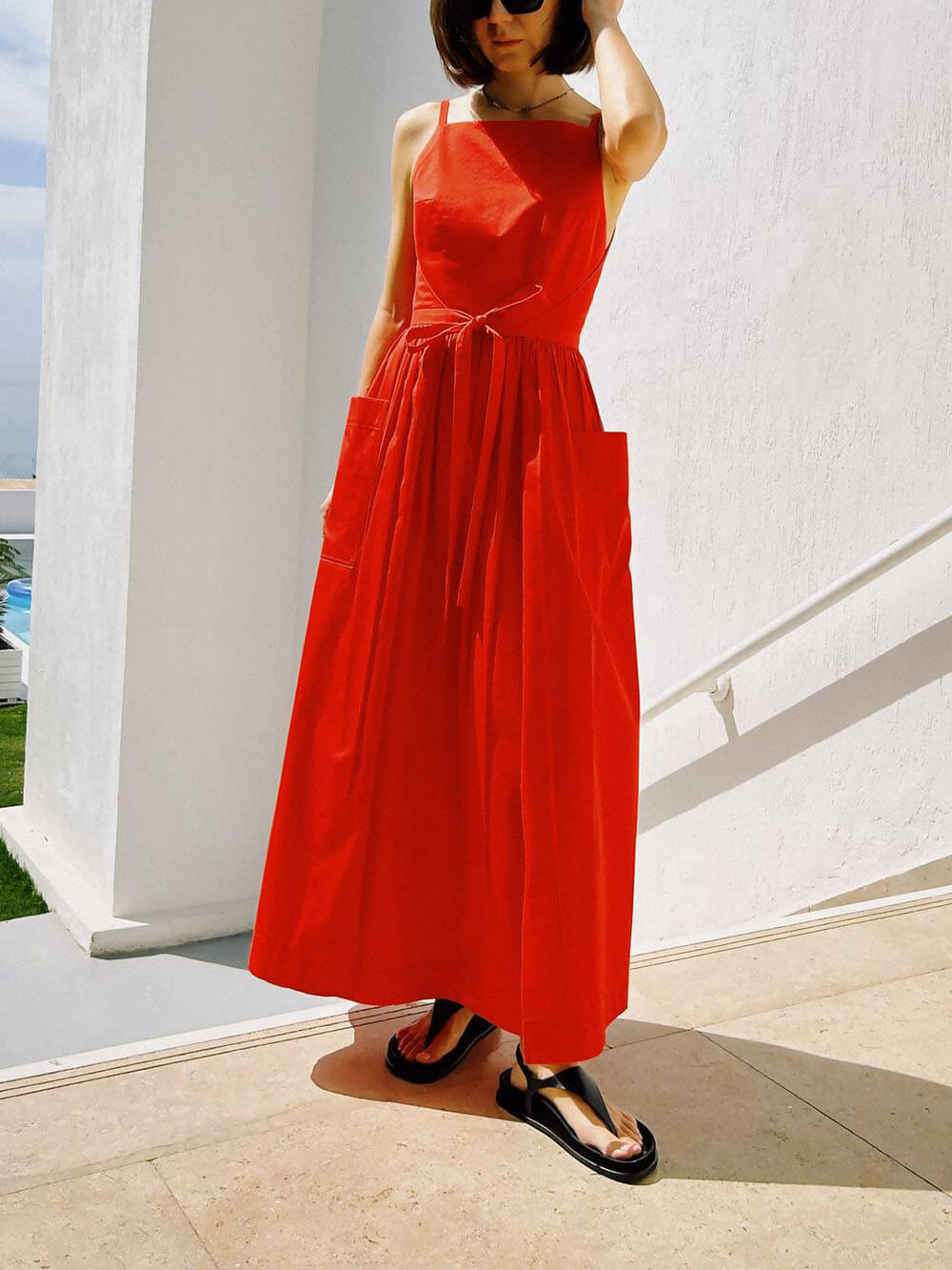 Spaghetti Strap Square Neck Tie Belt Side Pocket Maxi Dress - View 18