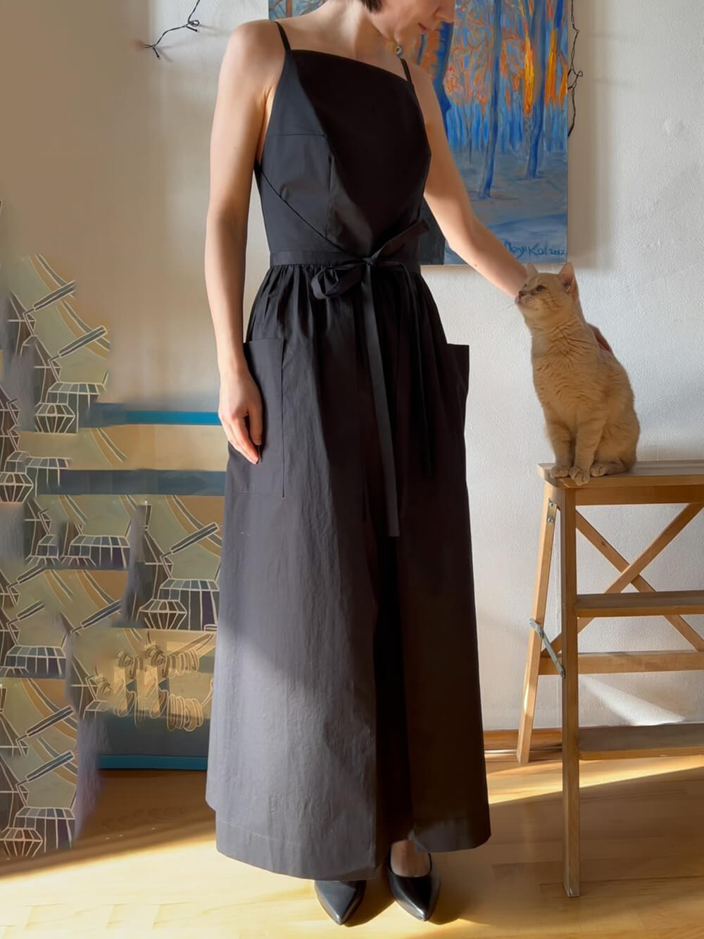 Spaghetti Strap Square Neck Tie Belt Side Pocket Maxi Dress - View 8