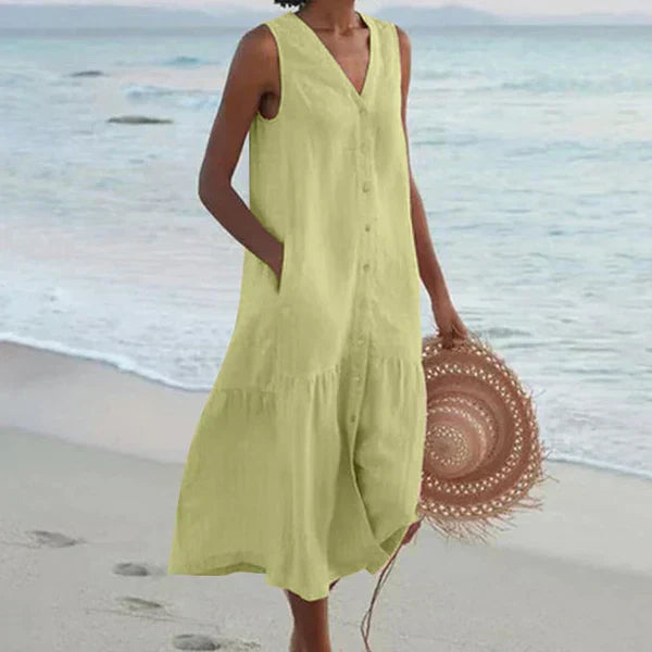 V-Neck Button Front Sleeveless Tiered Pocket Shift Midi Summer Dress - View 2