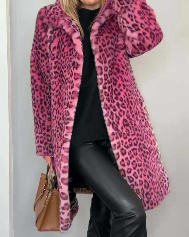 Leopard Print Faux Fur Lapel Collar Longline Coat 5