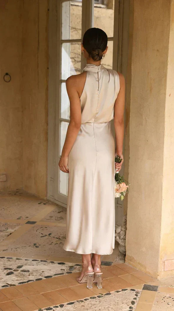 Satin Halter High Neck Cowl Blouson Bias Cut Midi Dress - View 2