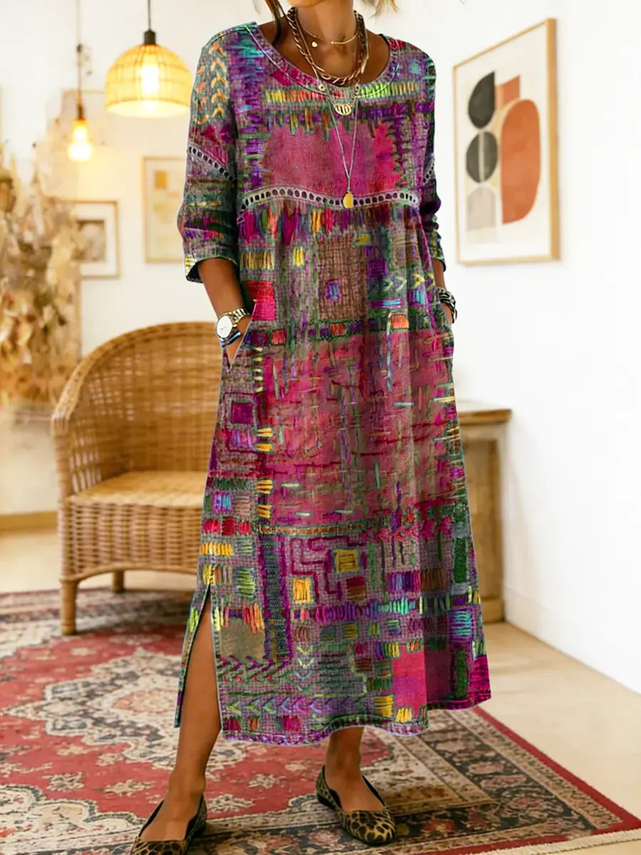 Patchwork Print Round Neck Pocket A-Line Maxi Dress 13