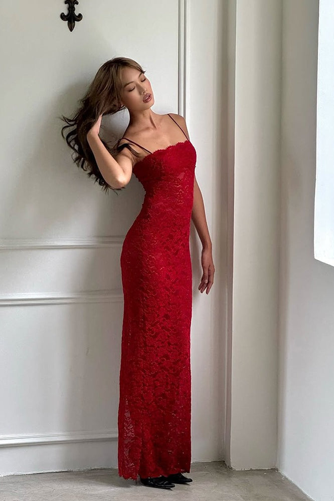 Lace Square Neck Spaghetti Strap Bodycon Maxi Dress - View 3