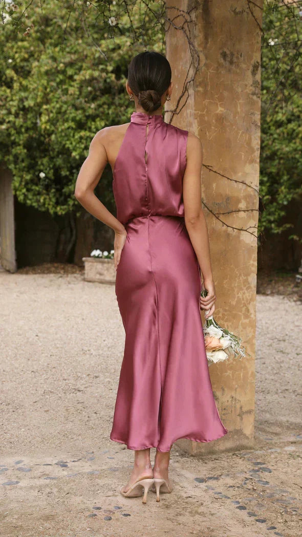 Satin Halter High Neck Cowl Blouson Bias Cut Midi Dress - View 6
