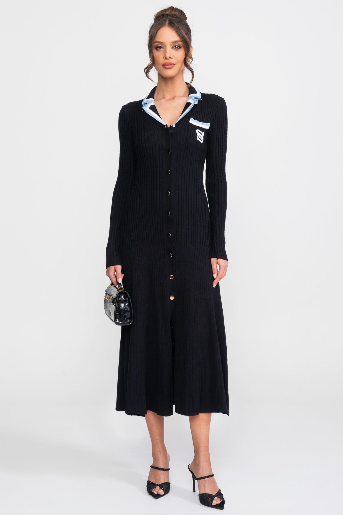 Long Sleeve Knit Midi Dress - Black - View 2