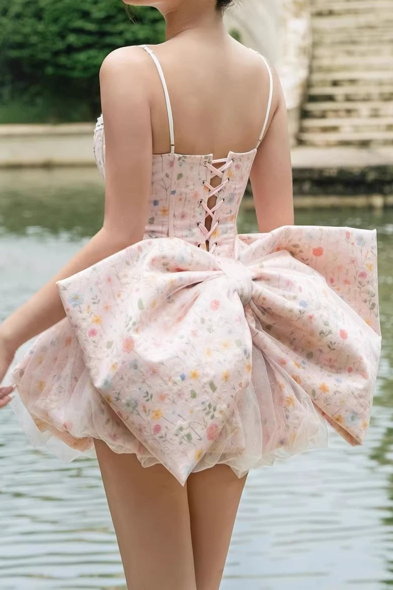 Floral Corset Spaghetti Strap Tulle Bubble Hem Mini Dress - View 2