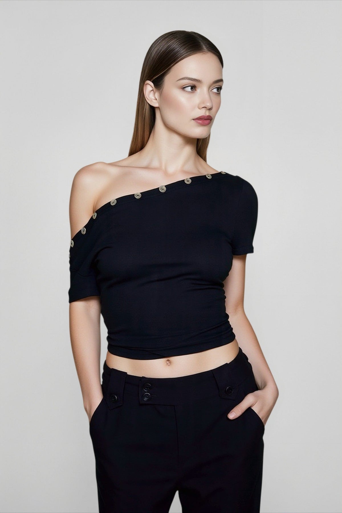 Off Shoulder Short Sleeve Button Trim Crop Top 4