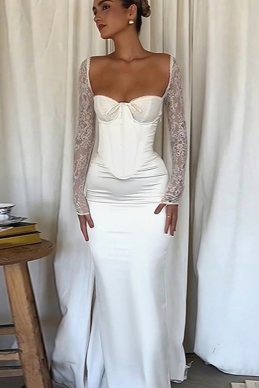 Satin Sweetheart Lace Sleeve Corset Mermaid Maxi Dress - View 4