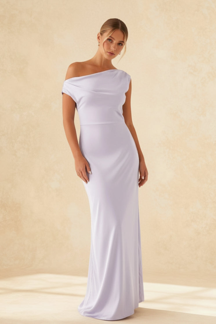 Satin One Shoulder Draped Mermaid Gown - View 14