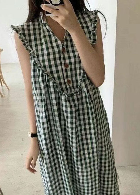 Gingham Check V-Neck Ruffle Collar Button Front Sleeveless Dress - View 4