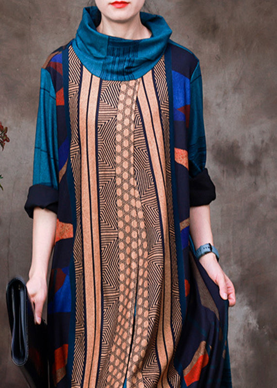 Geometric Patchwork Cowl Neck Long Sleeve Asymmetric Maxi Dress - View 5