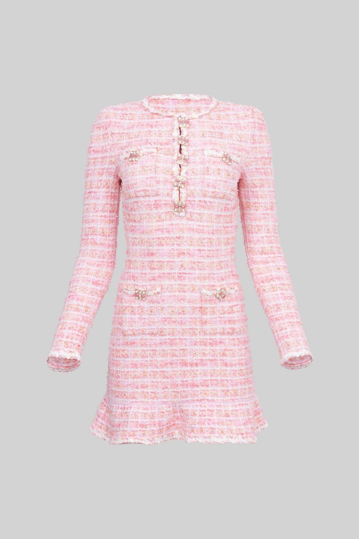 Tweed Long Sleeve Mini Dress Jewel Button Patch Pocket Braided Trim - View 3