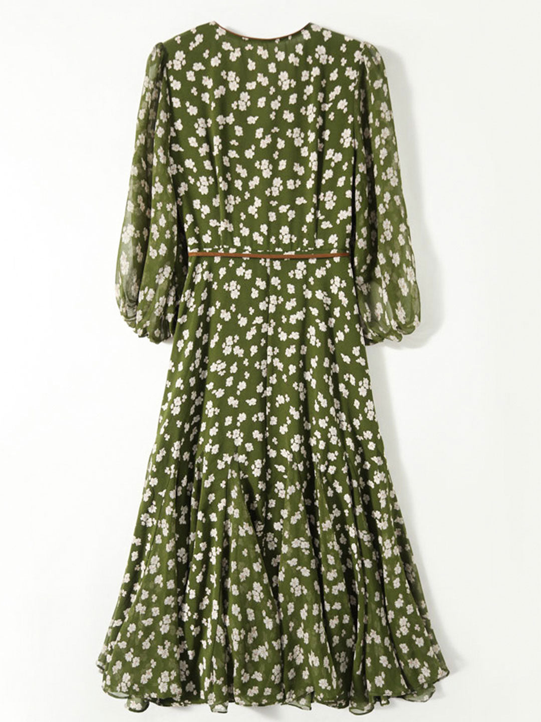 Floral Print Wrap V-Neck Puff Sleeve Tie Waist Dress - View 17