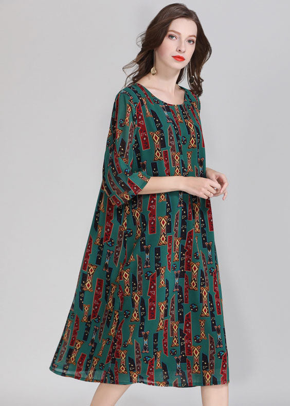 Geometric Tribal Print Round Neck A-Line Shift Midi Dress
