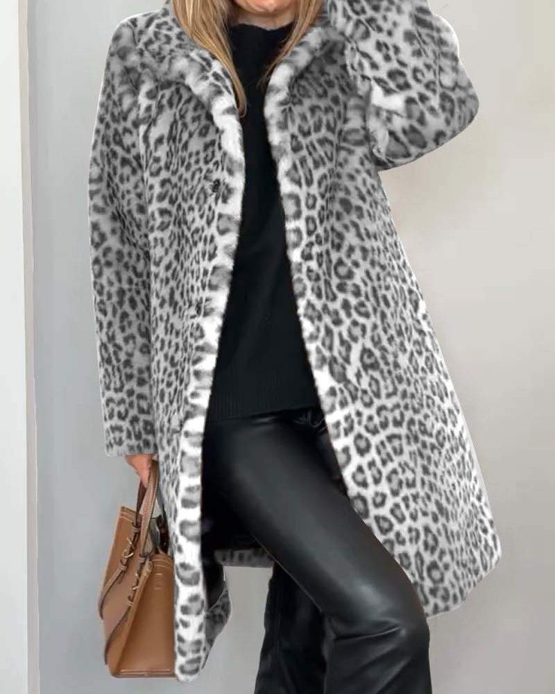 Leopard Print Faux Fur Lapel Collar Longline Coat 3