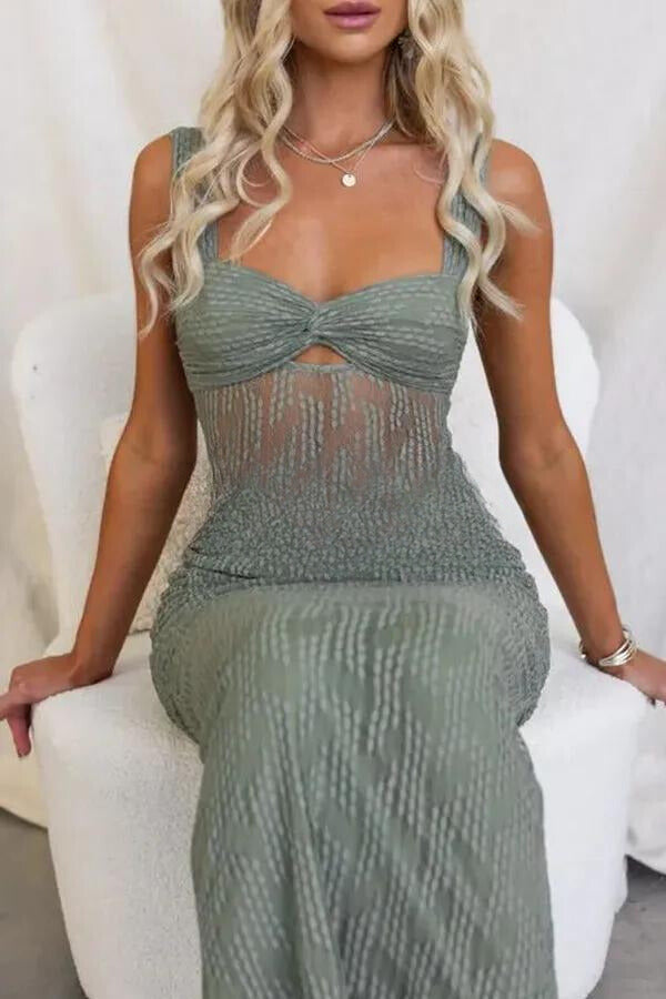 Sweetheart Twist Front Sheer Midriff Ruched Mesh Bodycon Maxi Dress - View 5