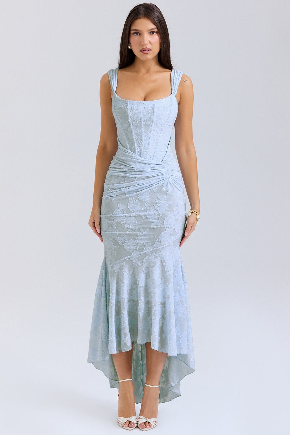 Square Neck Sleeveless Corset Ruched Fishtail Midi Dress