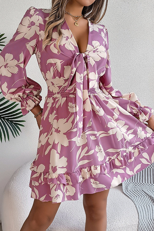 Floral Print V-Neck Tie Front Long Sleeve Ruffle Hem Mini Dress - View 6
