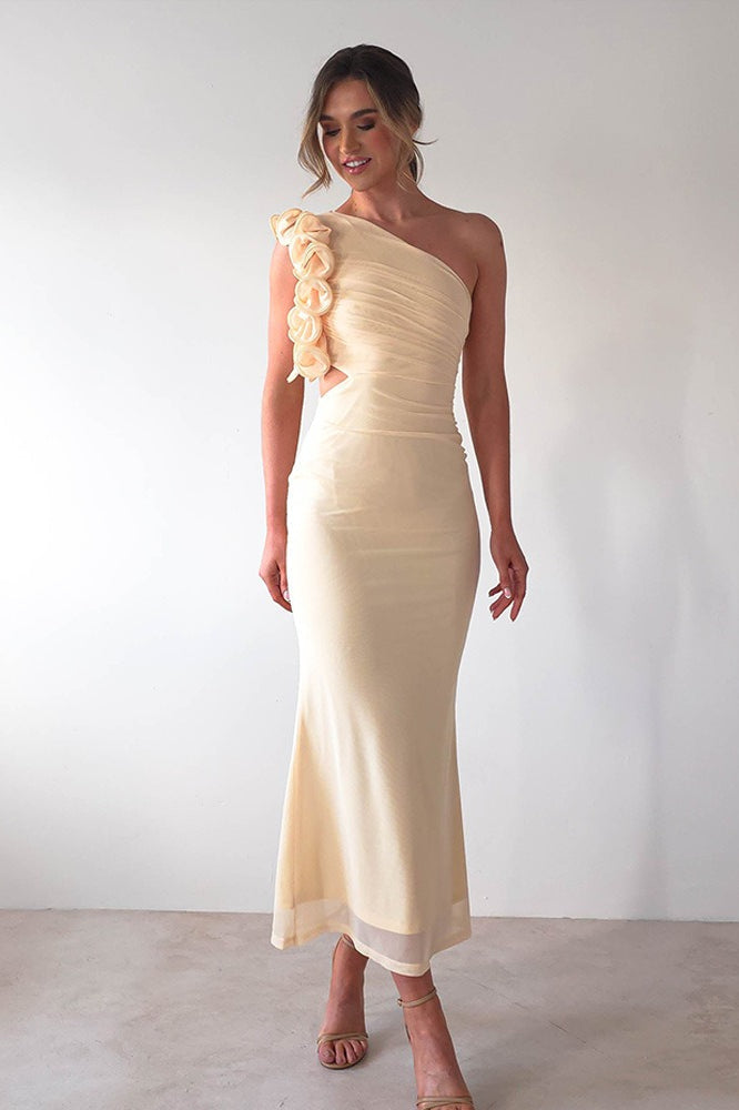 One Shoulder 3D Floral Cut Out Ruched Bodycon Maxi Dress - View 4