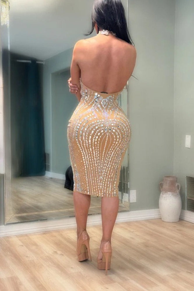Backless Sleeveless Rhinestone Mesh Milk Silk Cocktail Dress - View 4