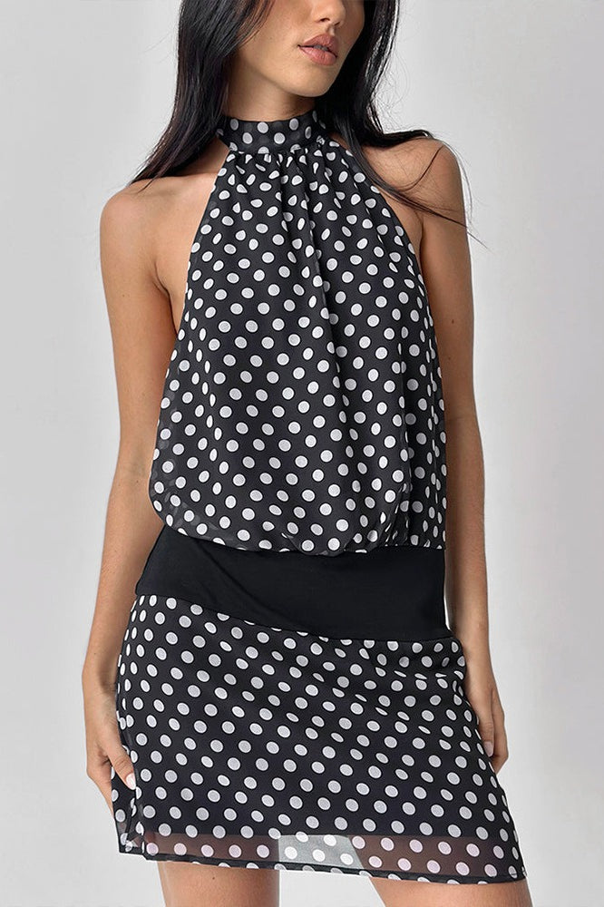 Halter Polka Dot Chiffon Mini Dress - View 2