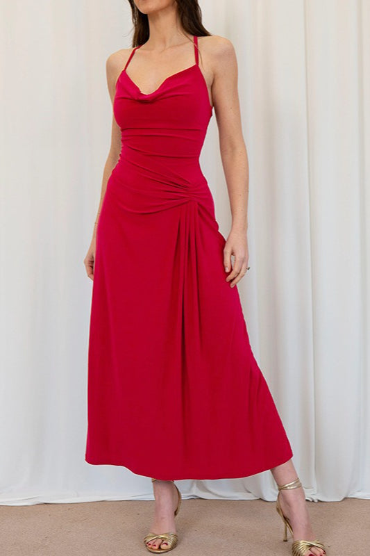 Cowl Neck Strappy Ruched Draped Maxi Dress 4