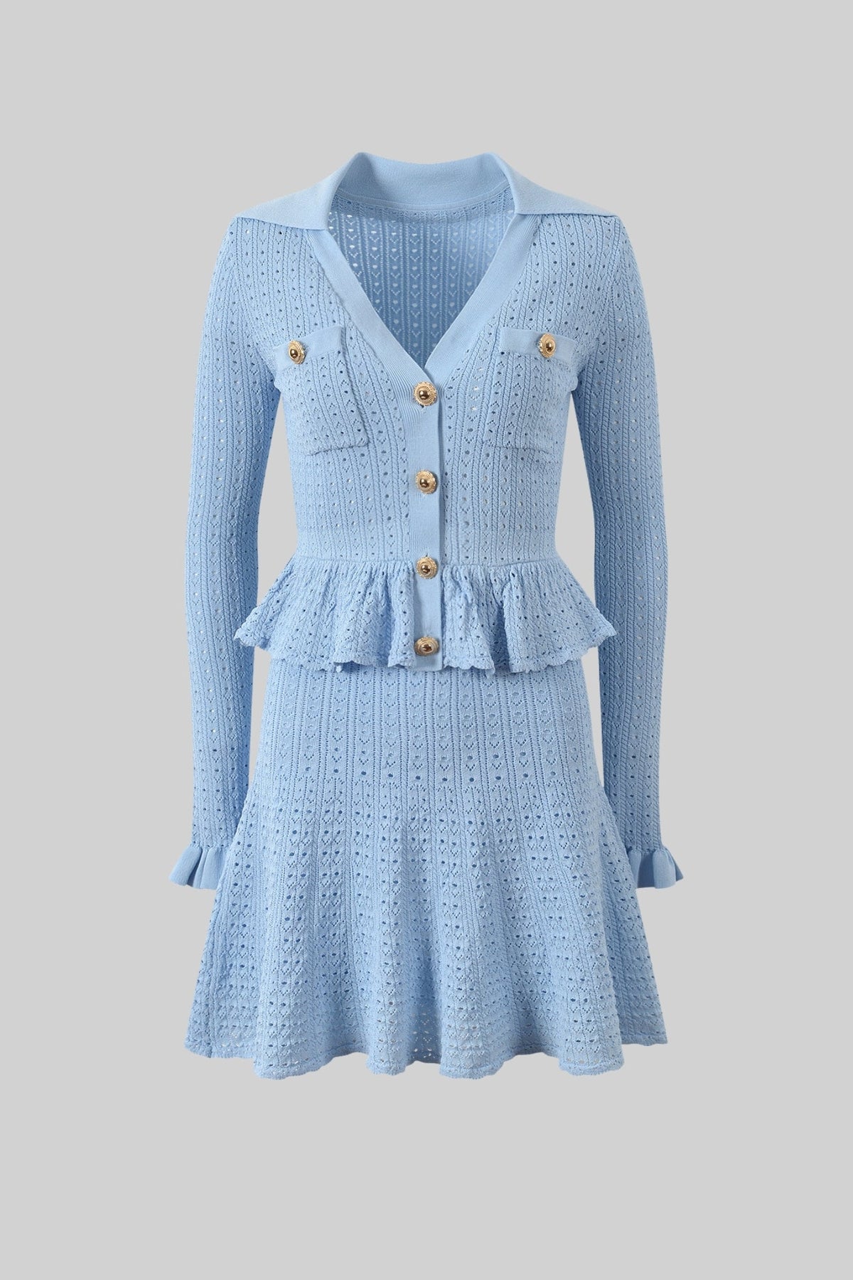Knit Mini Dress with Peplum Waist and Gold Button Detail - Light Blue - View 2
